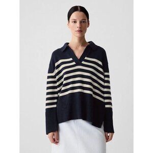 GAP Women's 24/7 Split-Hem Stripe Polo Sweater Size XL Blue Navy White SP NWT